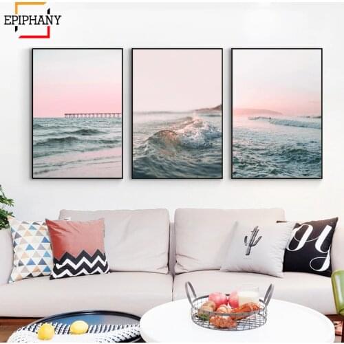 Modern Ocean Print Gallery Wall Art Canvas Painting Beach Pink Sunset Waves Landscape Posters Wall Pictures for Living Room