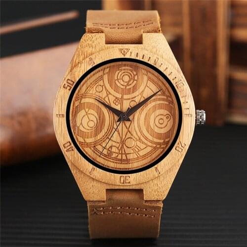 Stylish Unisex Wooden Watch Delicate Dr. Who Mysterious Circle Carving Genuine Leather Band Fashion Men Women Bamboo Wristwatch