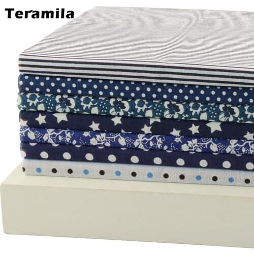 Teramila 100% Cotton Fabric White and Dark Blue Flowers/Dots/Stripes/Star Design Quilting Patchwork Crafts Home Textile Cloth