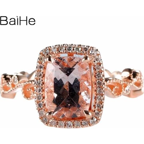 BAIHE 1.28ct 6x8mm Cushion Natural Morganite Ring SI/H Diamonds Solid 10k Rose Gold Millgrain Wedding Gift Fine Jewelry Trendy