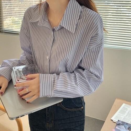 Women Blouse Casual Long sleeve Spring 2021 New Korean version Loose striped Blouse shirt Botton Feminin Ladies Tops 392H