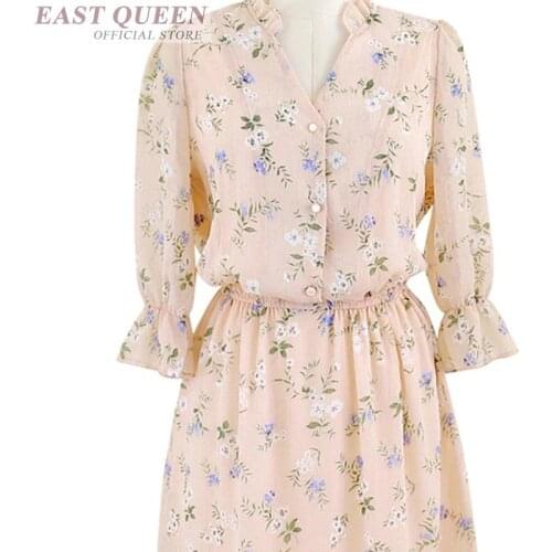 Women summer dresses flower print v-neck lace dress multicolor floral chiffon half butterfly sleeve knee-length dress DD556 L