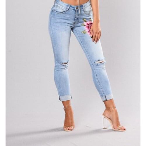 Women Slim High Waist Jeans Fashion Embroidery Denim Pants Female Long Skinny Trousers Casual Pencil Pants