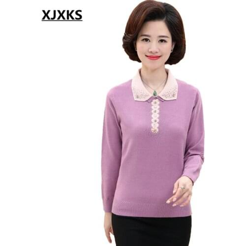 XJXKS Turn-down Collar Autumn And Winter Sweaters Fashion Diamond Long Sleeve Tops Knitted Women Plus Size Pullover 1712