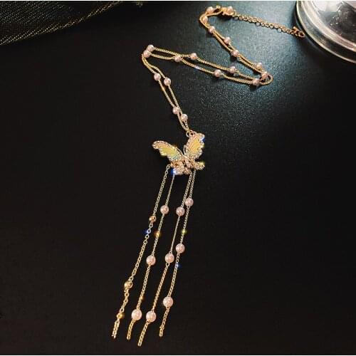 Exknl Bohemian Simulated Pearl Butterfly Necklaces For Women Gold Color Collar Long Tassel Choker Pendant Necklace 2020 Jewelry