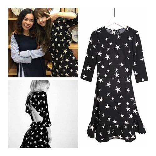 Kpop Korean Celebrity Fashion Pentagram Print Ruffled Halter Black Chiffon Dress Women Summer Holiday Beach Style Sexy Dresses