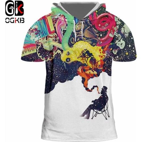 OGKB New Arrival Women/mens Funny Print Smoking Person 3D Hooded Tshirt Black Casual T-shirt With Cap Man Short Sleeve Pullover