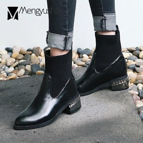 Leather pointed toe short boots women socks botas metal low heeled knitting chelsea booties big size 42 43 bota feminino 2020
