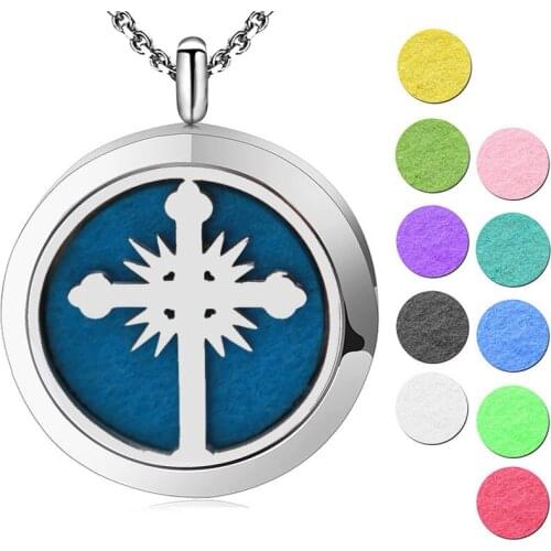 10pcs Round Silver Cross Boom 30mm Aromatherapy Essential Oils Stainless Steel Perfume Diffuser Locket With Free chain and Pads