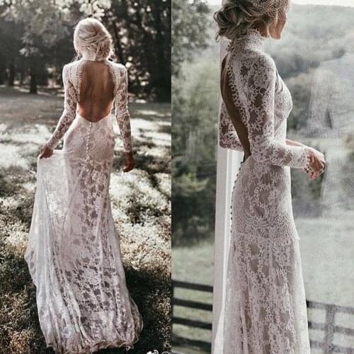Cheap New Design High Neck Long Sleeves White Lace Backless Beach Wedding Dresses Bridal Gowns