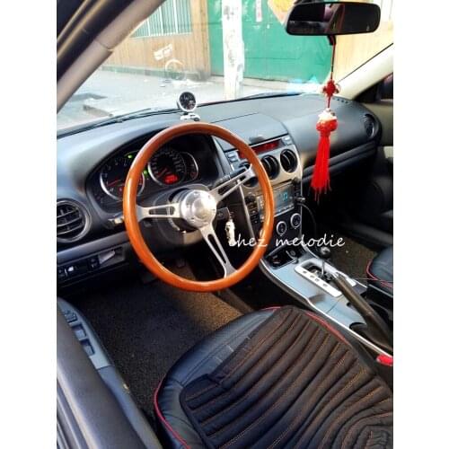 Brushed aluminium alloy spoke 38cm universal vintage classic wood bus car steering wheel with horn button, long hole