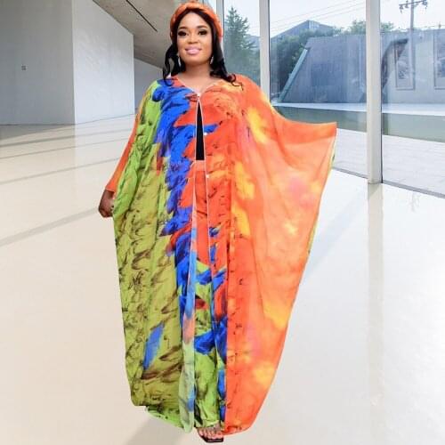 2021 New Design Muslim Women African Two Pieces Set Colorful Print Sexy V-neck Long Robe Plus Size Clothing Fashion Islam Kaftan
