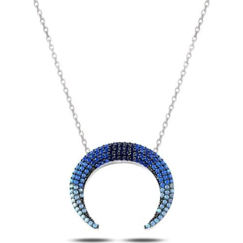 KUTAYDAN Blue Grayscale Nano Gemstone Reverse Crescent Necklace 925 Sterling Silver