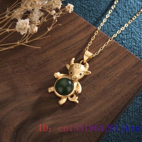 Green Jade Cattle Pendant Fashion Necklace 925 Silver Crystal Jewelry Chinese Amulet Chalcedony Charm Women Natural Gemstone
