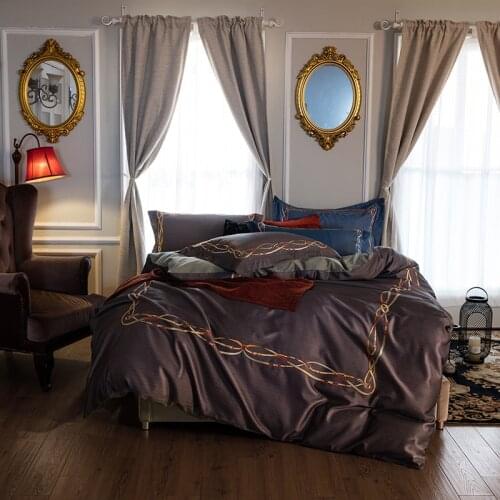 Luxury 100S Yarn Dyed Cotton Solid Embroidery Royal Bedding Set King Queen Wedding Bed Sheet Cover set Duvet Cover 4pcs coffee