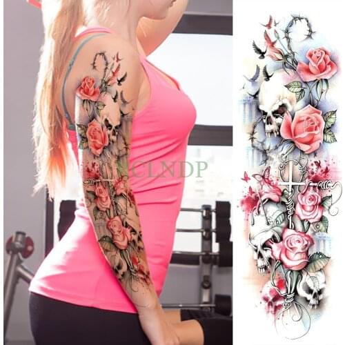 Waterproof Temporary Tattoo Sticker Rose cross Skull full arm fake tatto big flash tatoo sleeve large size tato for men women