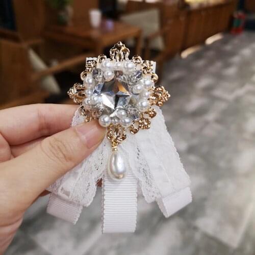 Korean Fabric Bow Tie Brooch Pin Lace Bowknot Cravat Crystal Womens Shirt Collar Pins Fashion Jewelry Clothing Accessories