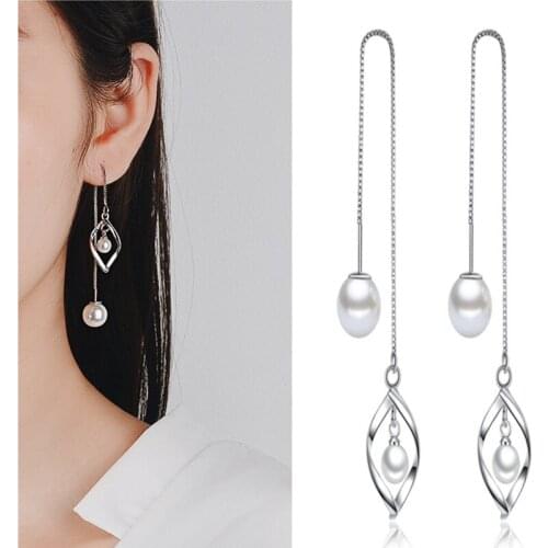 Pure Silver Earrings With Pearl Long Chain Tassel Dangle Earing Brincos Femme Pendientes Mujer Wedding Jewelry Accesories Gifts