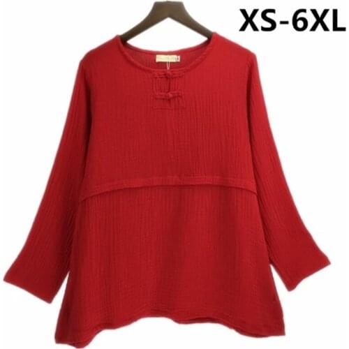 Plus Size XS-5XL/6XL Women Tops Spring Autumn Cotton linen Shirts Casual Loose Long Sleeve Vintage Fashion Shirt All-match Red