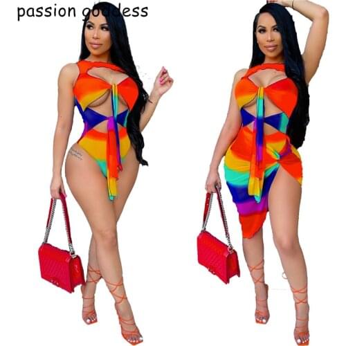2021 New Sexy Beach Rainbow Stripe Two Piece Set Women Outfits Sleeveless Bodycon Hollow Out Bodysuit Top Cover Up Mini Skirts