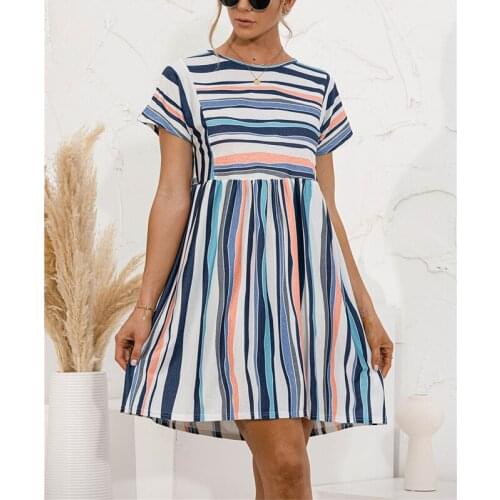 Women Summer Striped Dresses Round Neck Short Sleeve Slim Dress Printing Stitching Round Neck Dress Womens Clothing Outfit