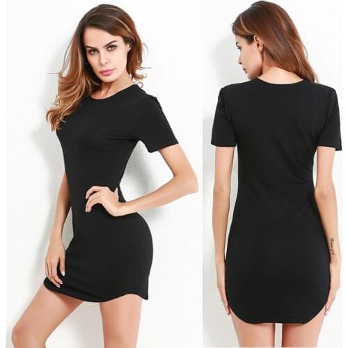 Ladies Simple Solid Black Sexy Dress Women Summer Short Sleeve Round Neck Mini Bodycon Dress Slim Casual Dress