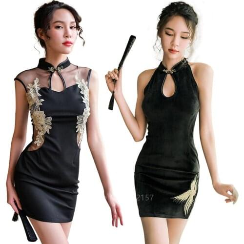 Girls Sexy Chinese Cheongsam Qipao Women Black Split Embroidery Vintage Dress Babydoll Lingerie with T-back Panties Sleepwear