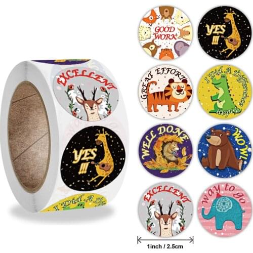 Animals Reward Stickers Roll 50-500pcs Cute English Words Seal Labels for School Reward Kids Gift Toys Cartoon Stickers