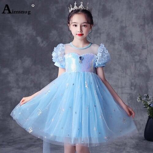 Aimsnug 2021 Summer Kid Girls Princess Dresses Patchwork Lace Sequins Birthday Party Wedding Dress Children Short Gown Dress