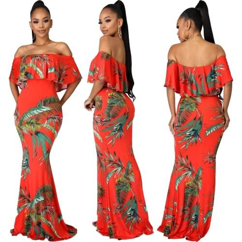 Bohemian floral womens dress sexy ladies one-neck tight-fitting prom party summer beach casual long sundress