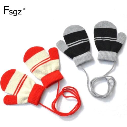 Bun Gloves For Children 1-5 Years Old Patchwork Stripped Fingerless Glove For Kindergarten Neck Hung Rope Mittens Knitting Glove