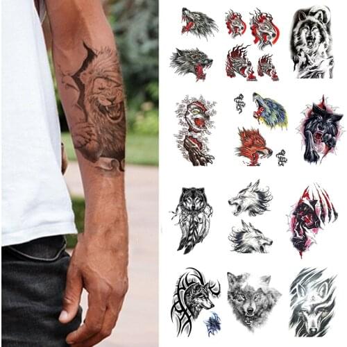 Black Wolf Forest Tribal Feather Tattoos Temporary Sticker Tree Animal Fake Tattoo For Men Body Art Custom Tatoos