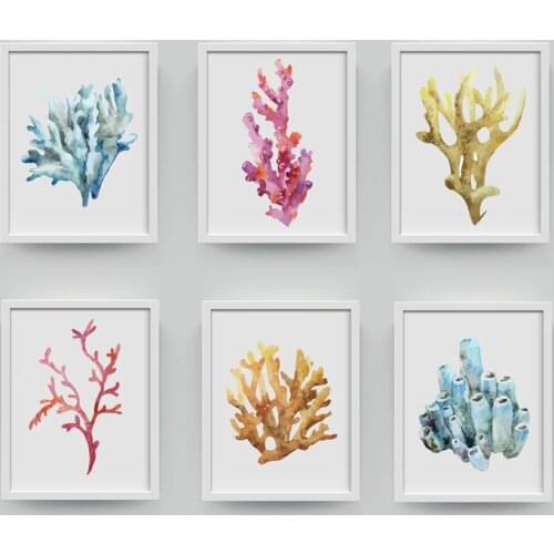 Corals Art Print Wall Pictures Home Decor , Watercolor Cora Print Wall Art Hanging Bathroom Canvas Painting Nautical Decoration