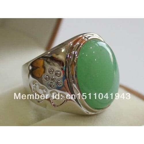 Good Natural Green Silver Plated jade Gift Mens Jewelry Ring 13X18MM Size 8,9,10,11,12