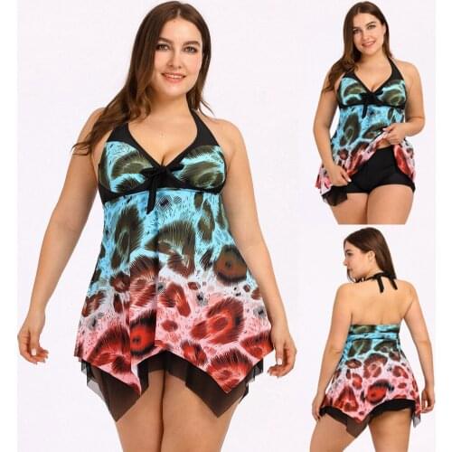 L-5XL New Women Leopard Butterfly Print Tankini Set Two Piece Swimsuit Plus Size Swimwear ropa sexy mujer Halter halter suit F4
