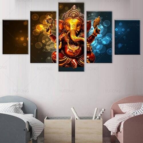 Modular Poster Pictures Framework 5 Pieces Elephant Trunk God Ganesha Canvas Paintings Decor Home Living Room Wall HD Art Prints
