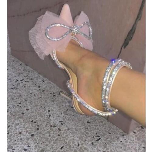 Moraima Snc Crystal Butterfly-knot Decorations High Heel Shoes Sexy Pointed Toe Lace Party Dress Shoe Woman Wedding Heels