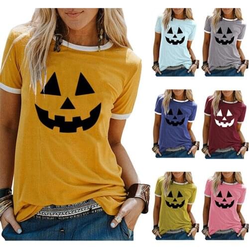 2022 Autumn womens short-sleeved Halloween festival casual fun polyester-cotton stretch blouse, bumped round neck blouse, ghost