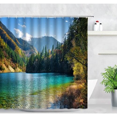Autumn Landscape Shower Curtain Mountain Water Plant Forest Natural Scenery Wall Decor Cloth Bathroom Hooks Fabric Bath Curtains