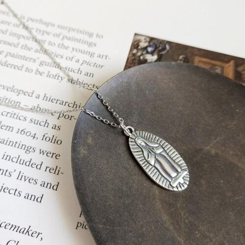 925 Sterling Silver Antique Silver Vintage Virgin Mary Prayer Necklace Retro Jewelry for Christian