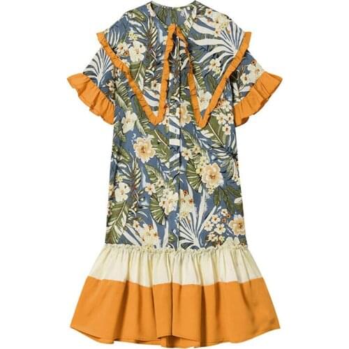 PERHAPS U Turn Down Collar Half Sleeve Knee Length Loose Print Floral Patchwork Sweet Dress D1178