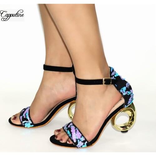 Amazing Lady Strange Heel Shoes Sexy Wedding Party Sandals With Sequins CR2136-1 Height 9CM
