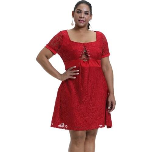 Sale Women Sexy Plus Size Dresses Lace Short Sleeve Hollow Midi Dress Solid Square Collar Lace-up Party Club Dress платье