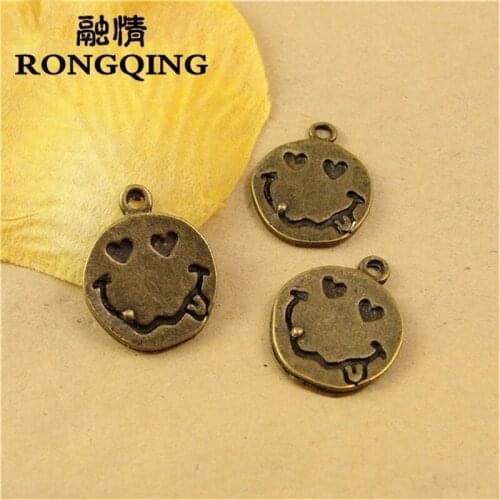 RONGQING 60pcs/lot Antique Bronze Be Fond of Expression Face Charms 16MM Round DIY Jewelry Making