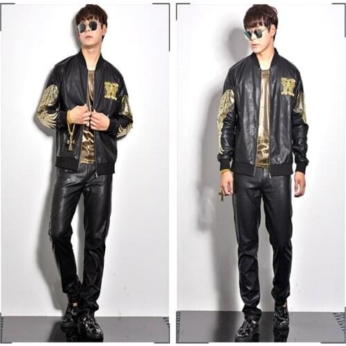 R24 Singer stage performance wears jacket black gold sequin suit ballroom dance costumes bar outfits dj Leather clothing show ds