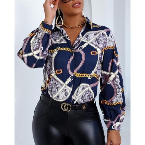 2020 Women Casual Autumn Scarf Chain Print Buttoned Lantern Sleeve Shirt Turn-down Collar Long Sleeve Lady Blouse