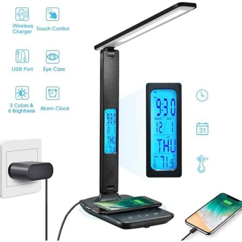 10W Wireless Charging LED Desk Lamp Calendar Temperature Alarm Clock Eye Protect Study Light Table Lamp With Phone Holder