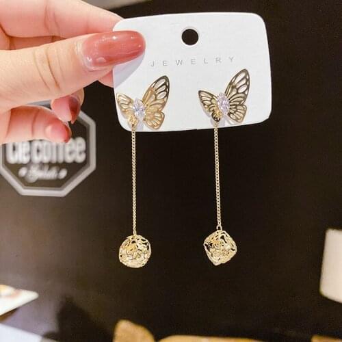 Temperamental Exquisite Long Tassel Dangle Earrings Fresh Elegant Metal Rhinestone Butterfly Earrings Premium Texture Jewelry