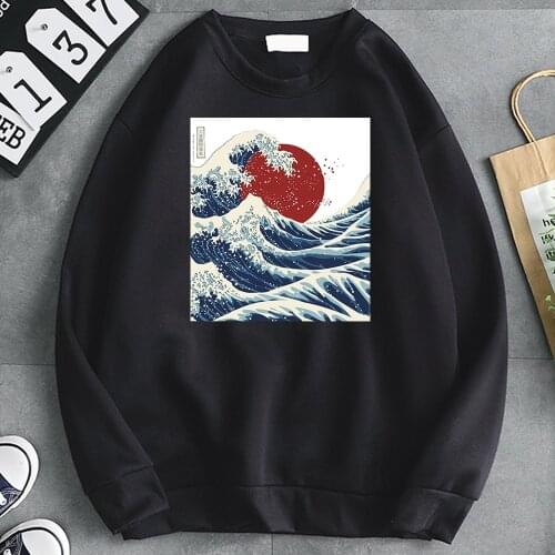 The Great Wave Off Kanagawa Print Sweatshirts Hoodies Casual Loose Pocket Mens Hooded Clothes Fashion Punk Style Kpop Tracksuits