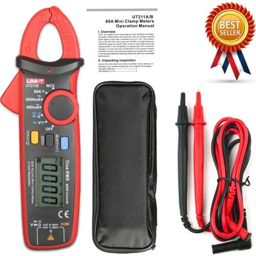 UNI-T UT211B AC/DC 60A Mini Digital Clamp Meters; True RMS Ammeter, V.F.C./NCV/ Resistance/Capacitance Test, LCD Backlight